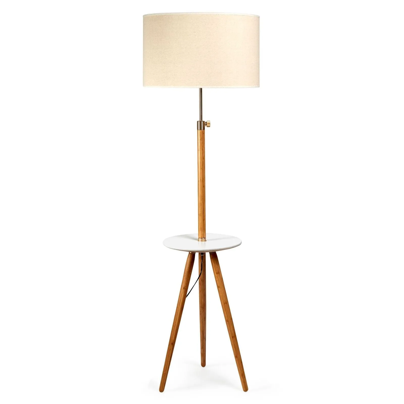 165cm Extendable Bamboo Tripod Floor Lamp | Linen Shade with Shelving