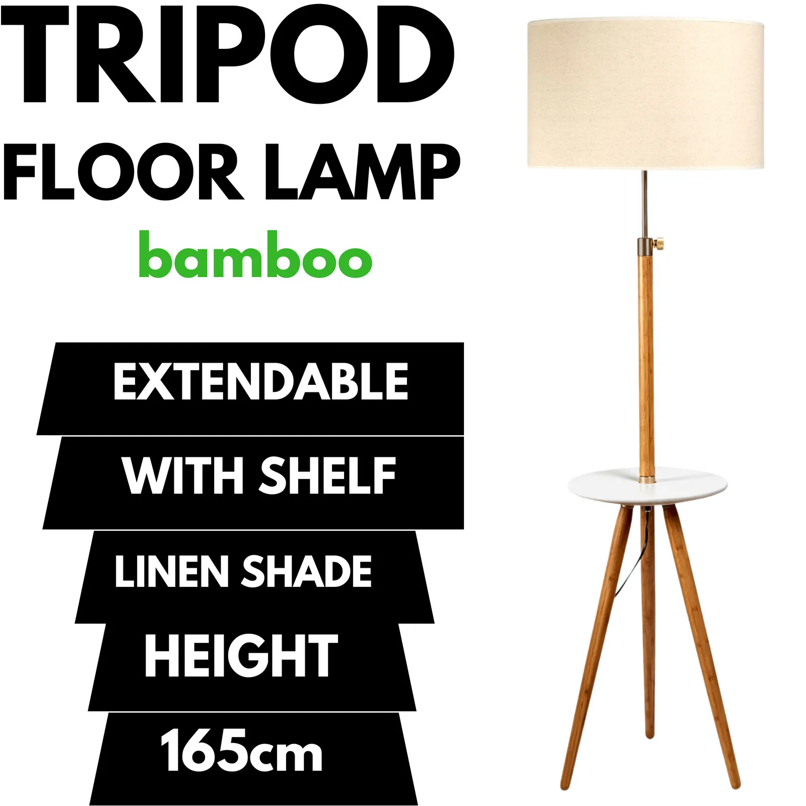 165cm Extendable Bamboo Tripod Floor Lamp | Linen Shade with Shelving