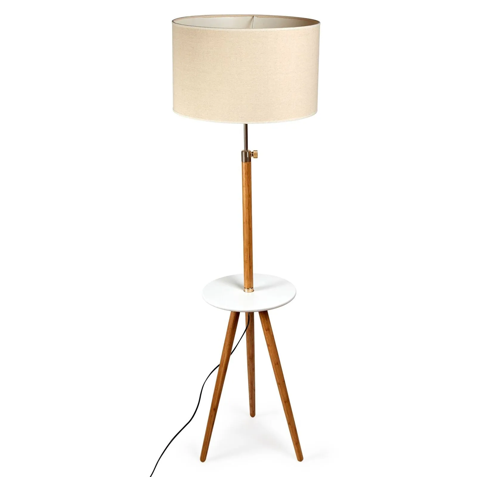 165cm Extendable Bamboo Tripod Floor Lamp | Linen Shade with Shelving