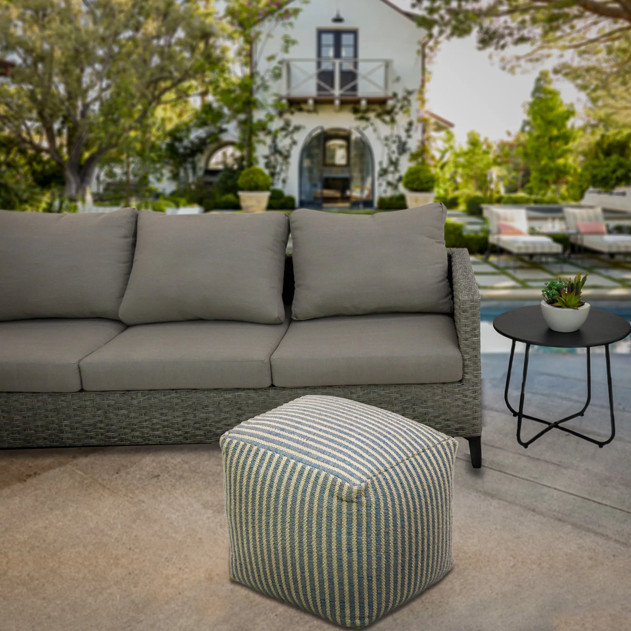16" Hand Woven Pouf Ottoman, Icy Blue