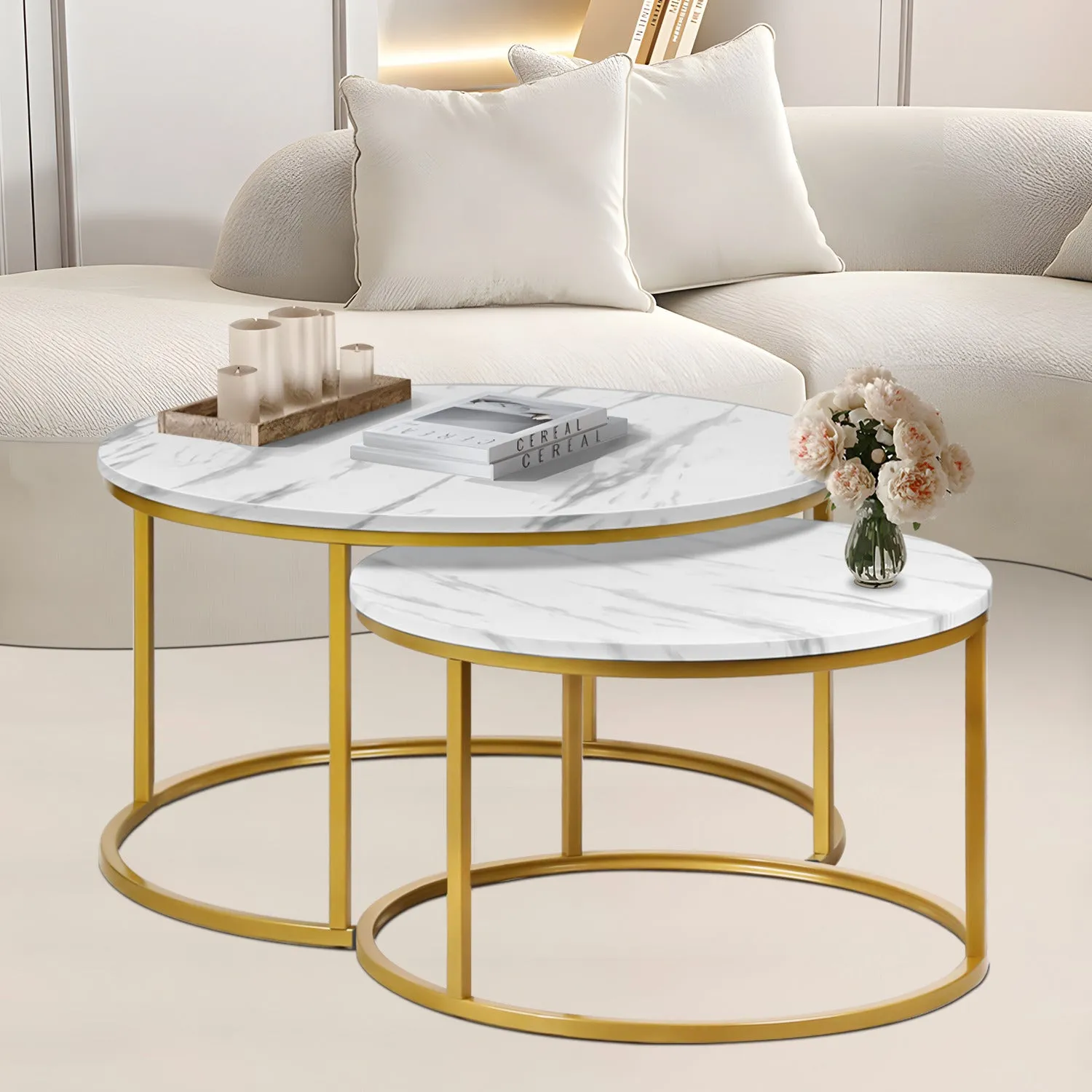 2-Piece Nesting Round Coffee Tables - Marbling Tabletop