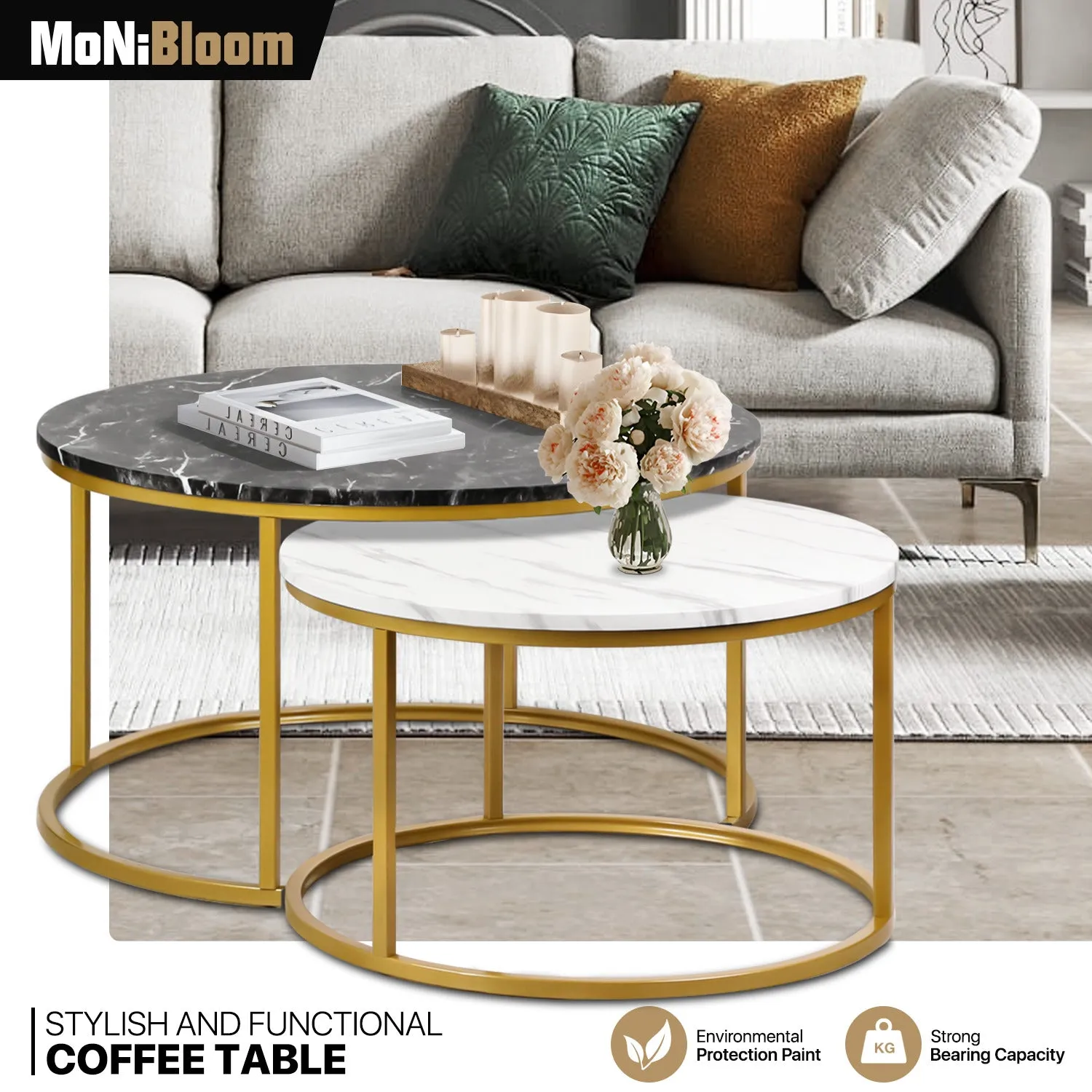 2-Piece Nesting Round Coffee Tables - Marbling Tabletop