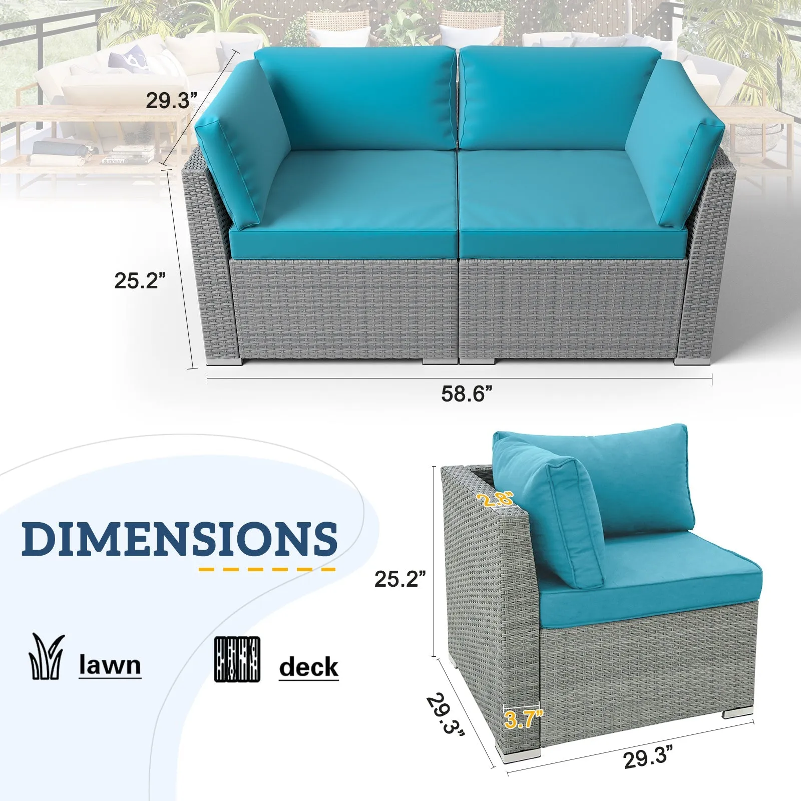 2 Piece Outdoor Wicker Loveseat with Removable Cushions, Sectional Wicker Loveseat Sofa