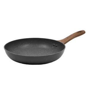 24Cm Marble Coated Cast Iron Frying Pan With Wooden Handle Pot 8203-24