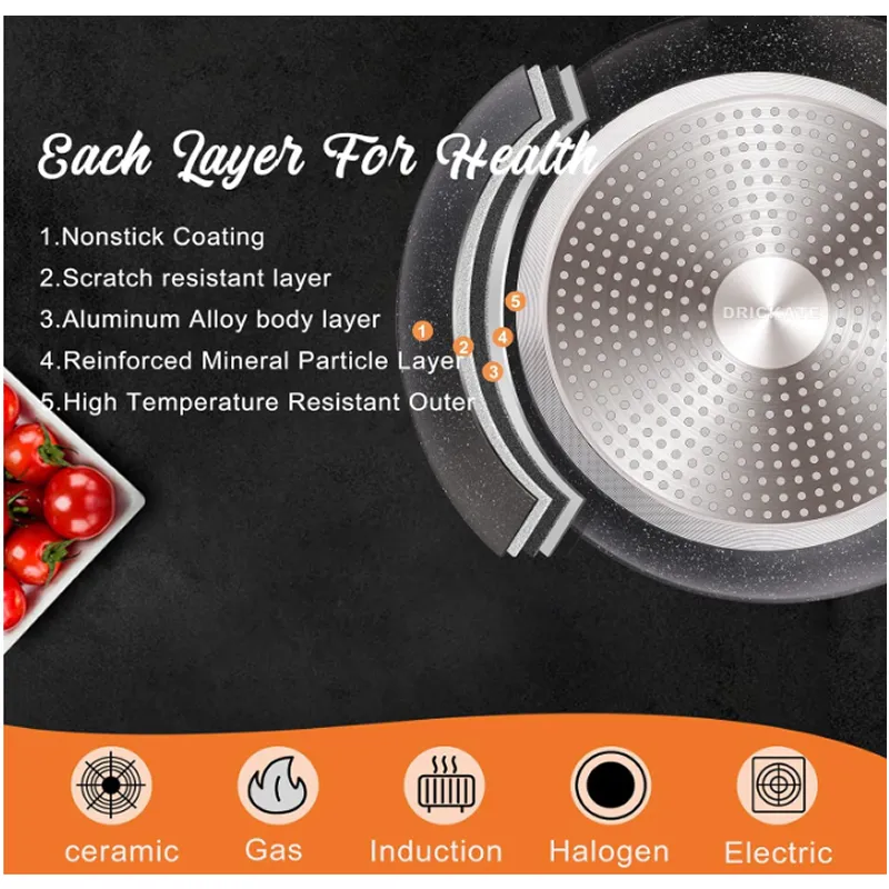 24Cm Marble Coated Cast Iron Frying Pan With Wooden Handle Pot 8203-24