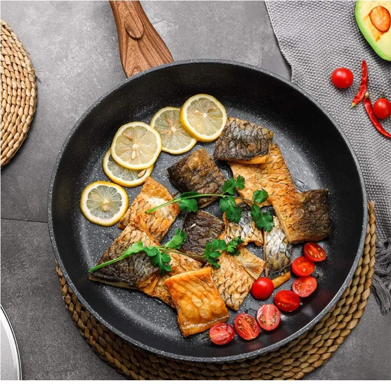 24Cm Marble Coated Cast Iron Frying Pan With Wooden Handle Pot 8203-24