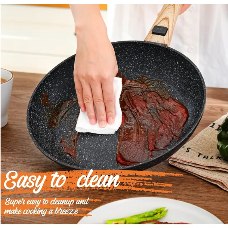 24Cm Marble Coated Cast Iron Frying Pan With Wooden Handle Pot 8203-24