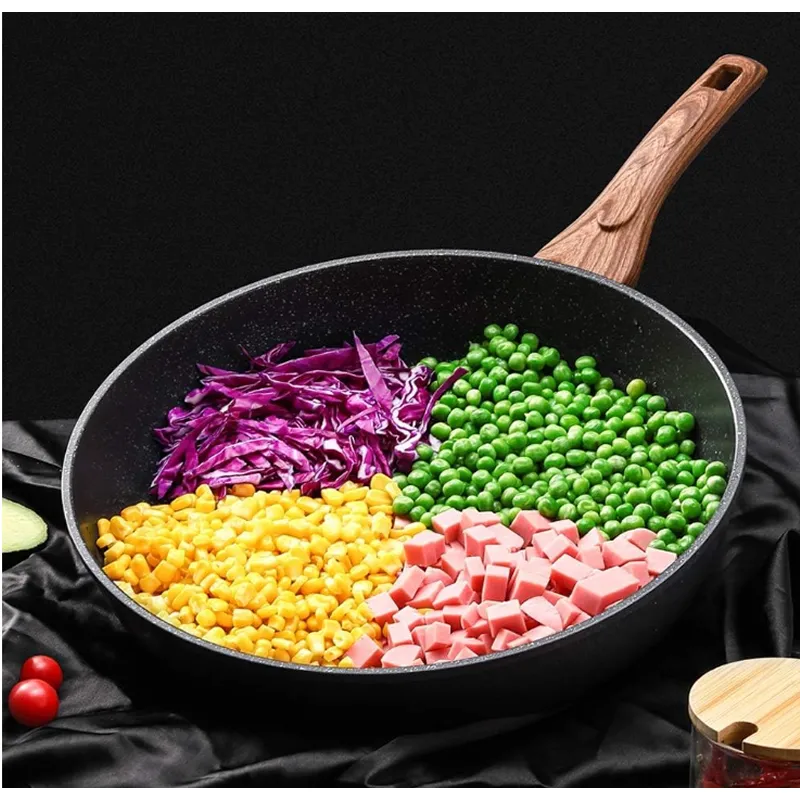 24Cm Marble Coated Cast Iron Frying Pan With Wooden Handle Pot 8203-24