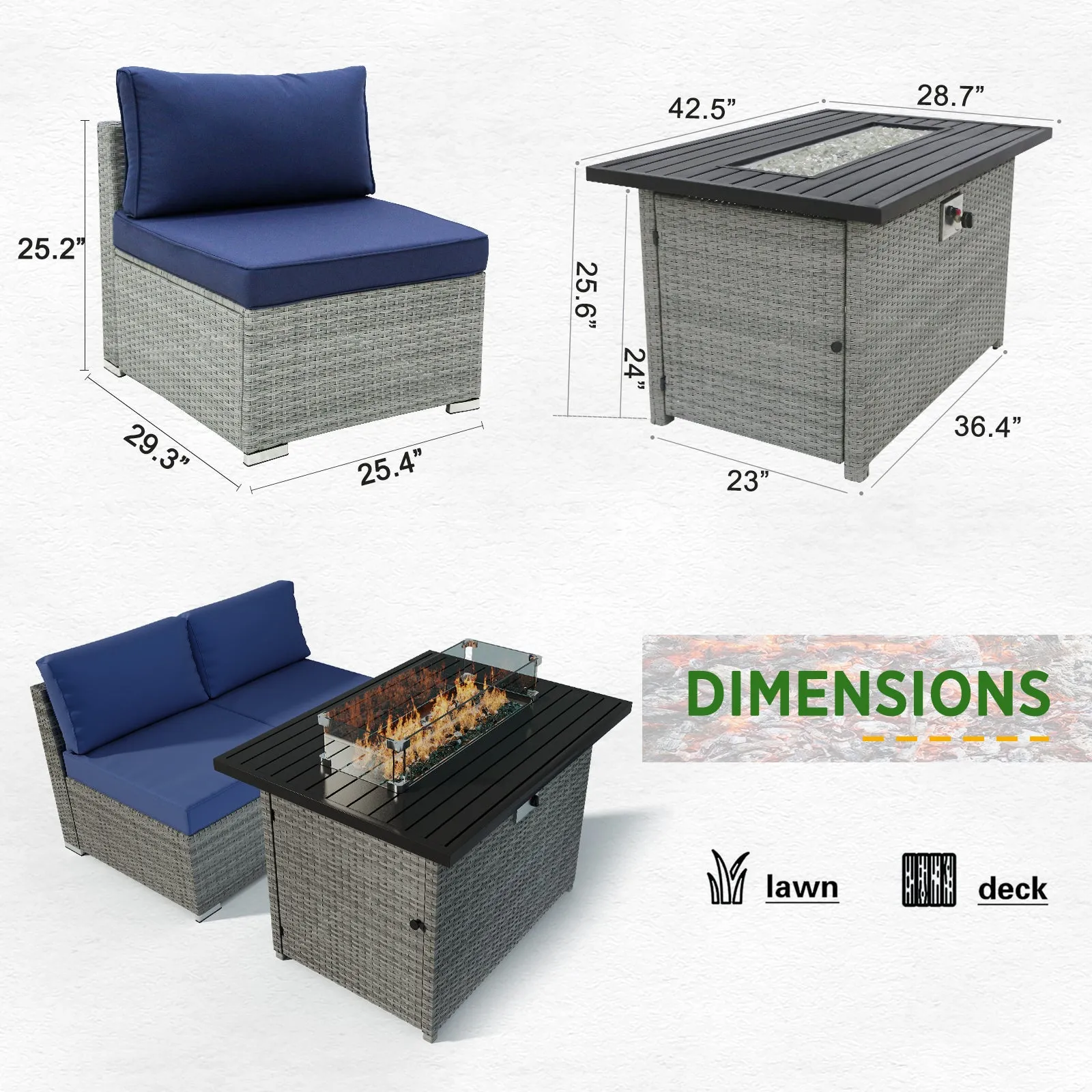 3 Piece Outdoor Armless Wicker Sofa Set with Fire Table, Sectional Wicker Loveseat Sofa