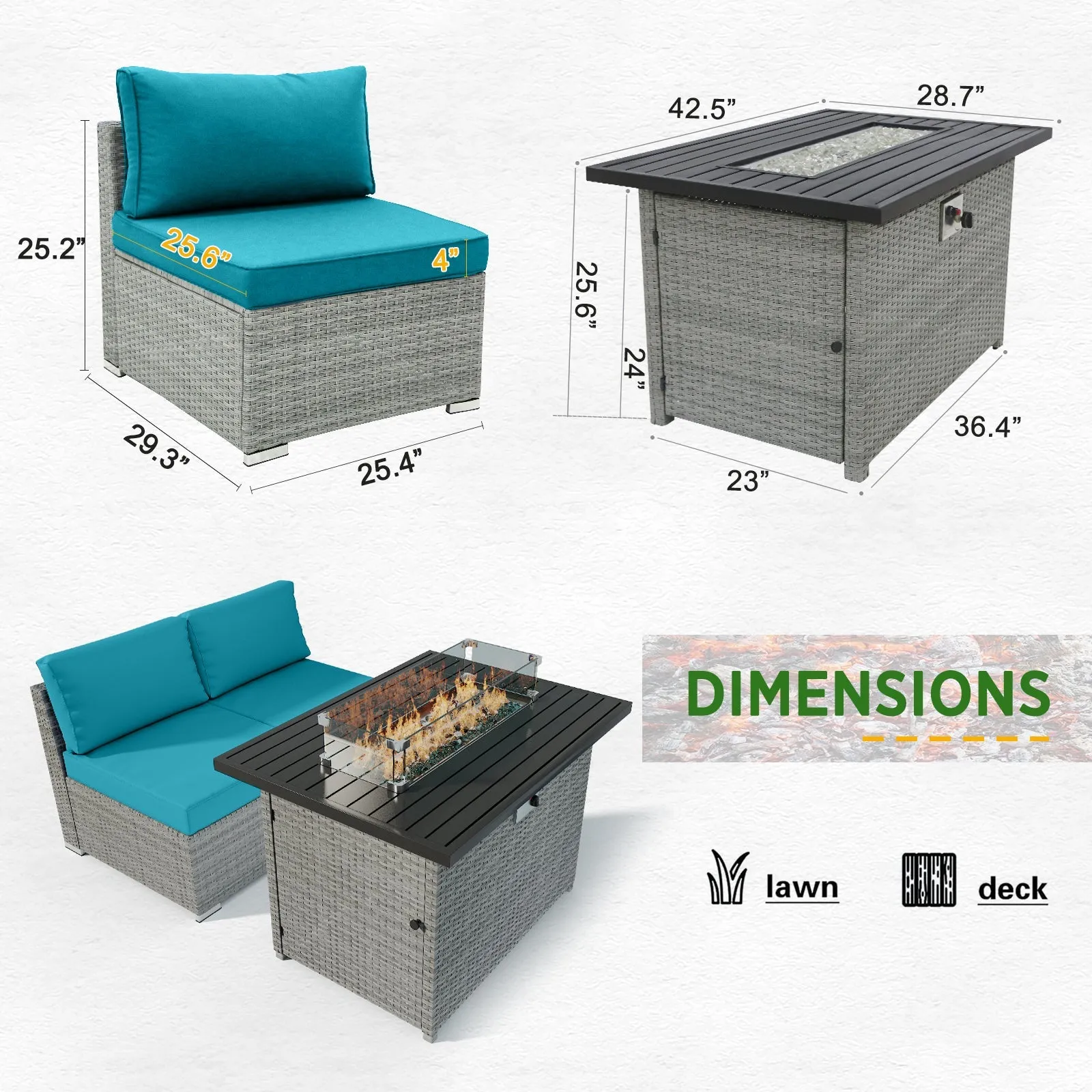 3 Piece Outdoor Armless Wicker Sofa Set with Fire Table, Sectional Wicker Loveseat Sofa