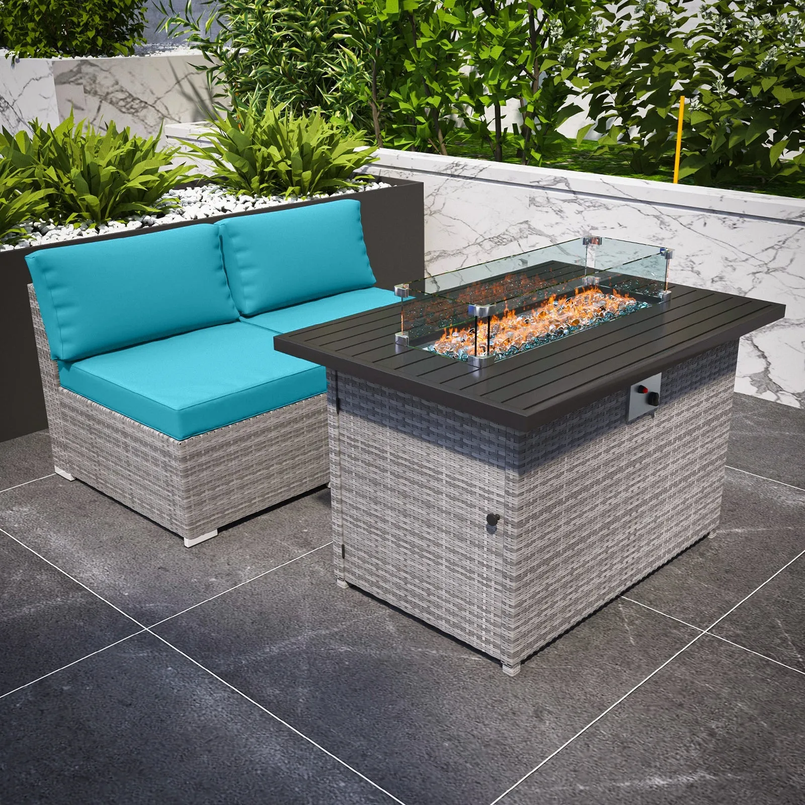 3 Piece Outdoor Armless Wicker Sofa Set with Fire Table, Sectional Wicker Loveseat Sofa