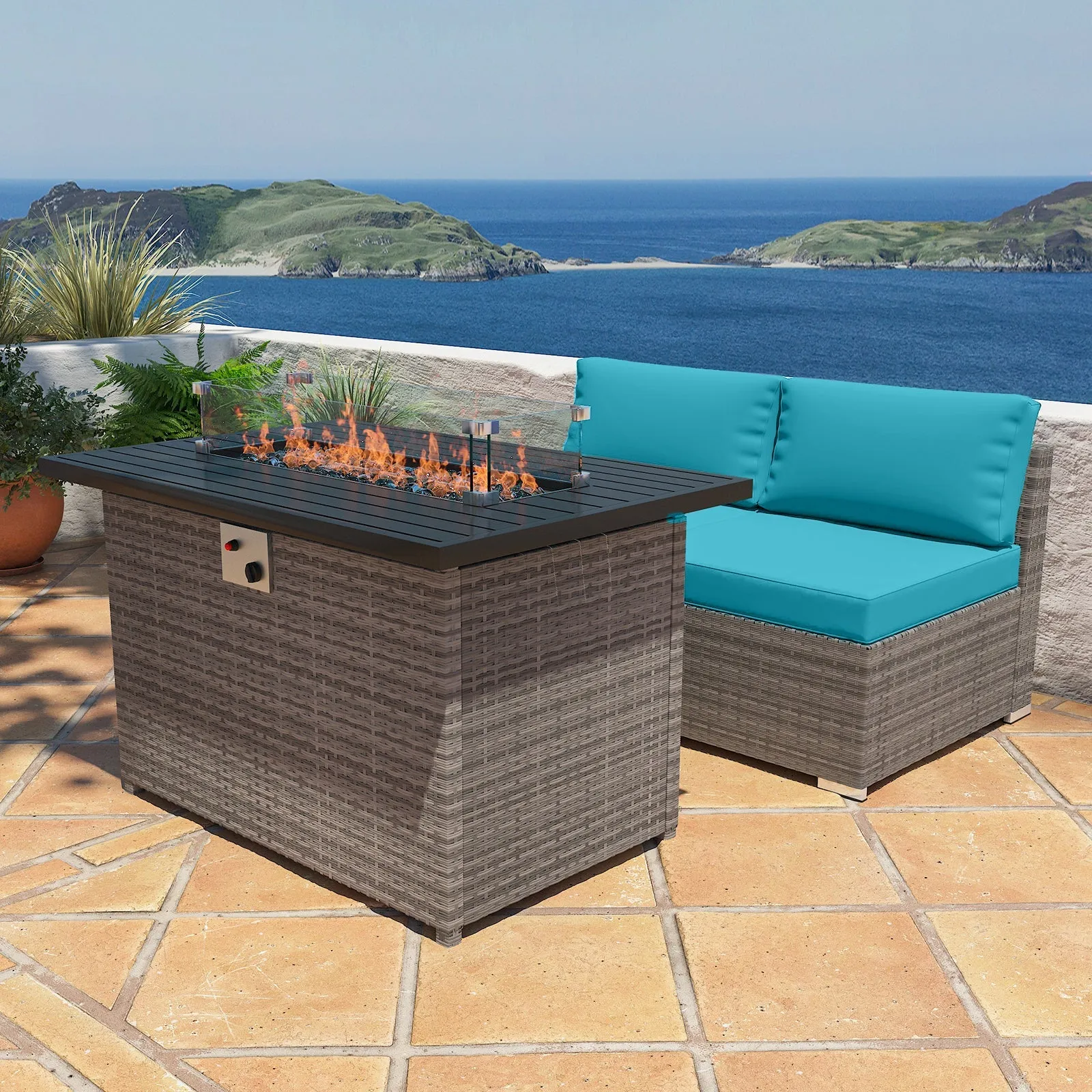 3 Piece Outdoor Armless Wicker Sofa Set with Fire Table, Sectional Wicker Loveseat Sofa