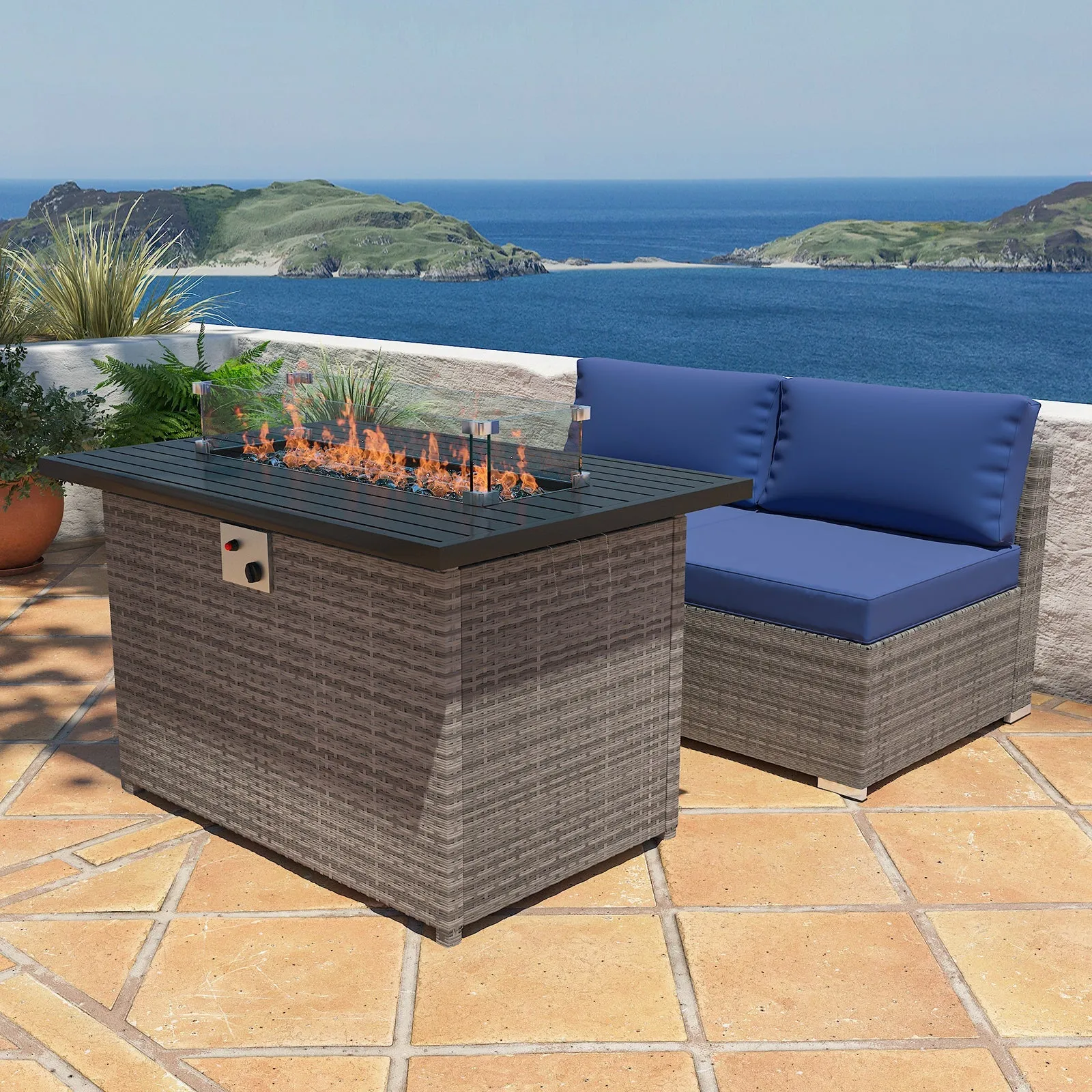 3 Piece Outdoor Armless Wicker Sofa Set with Fire Table, Sectional Wicker Loveseat Sofa