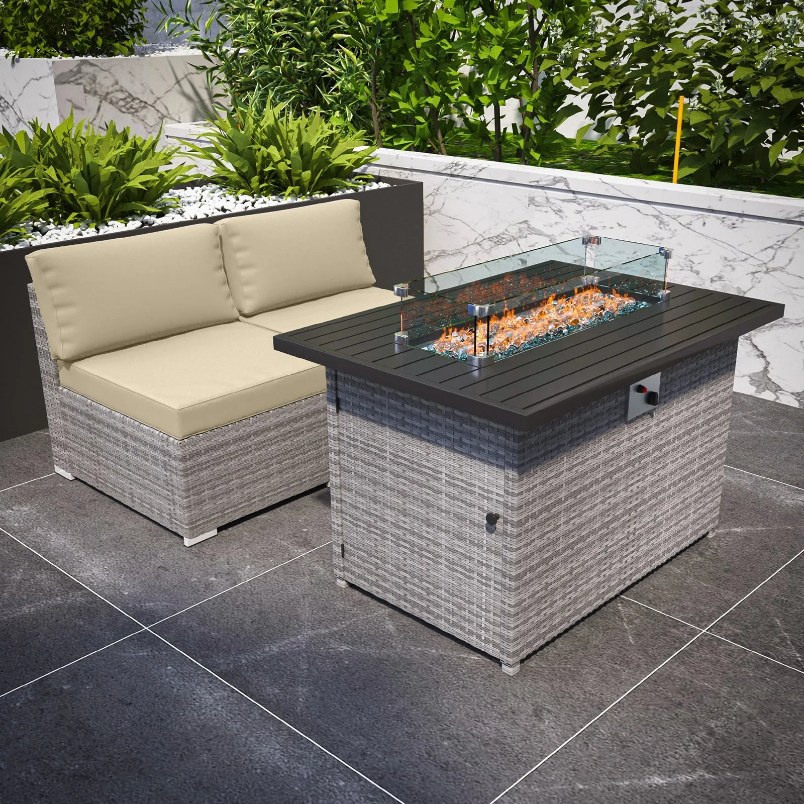 3 Piece Outdoor Armless Wicker Sofa Set with Fire Table, Sectional Wicker Loveseat Sofa