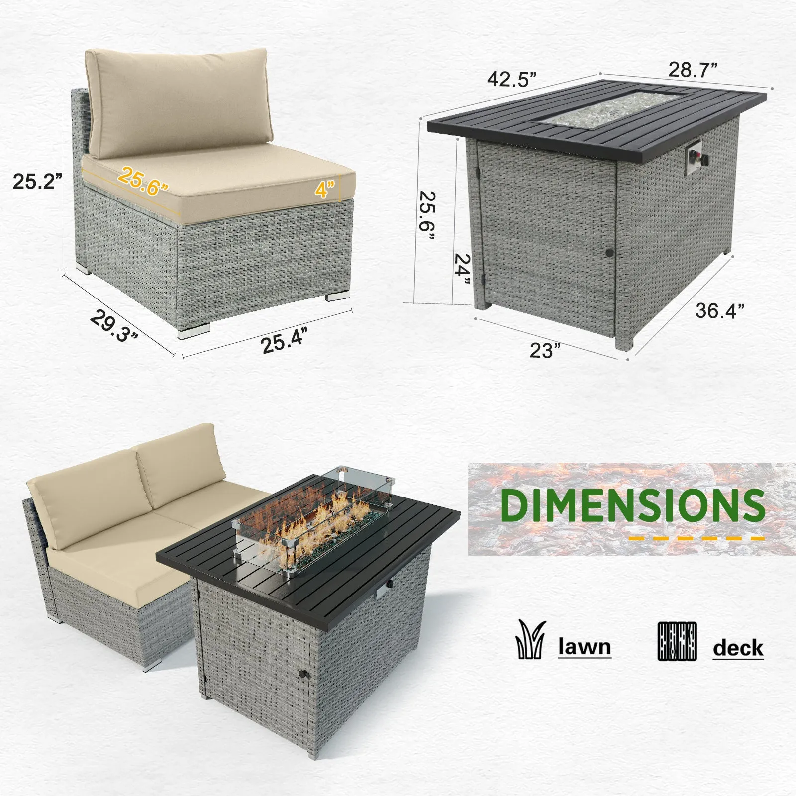 3 Piece Outdoor Armless Wicker Sofa Set with Fire Table, Sectional Wicker Loveseat Sofa