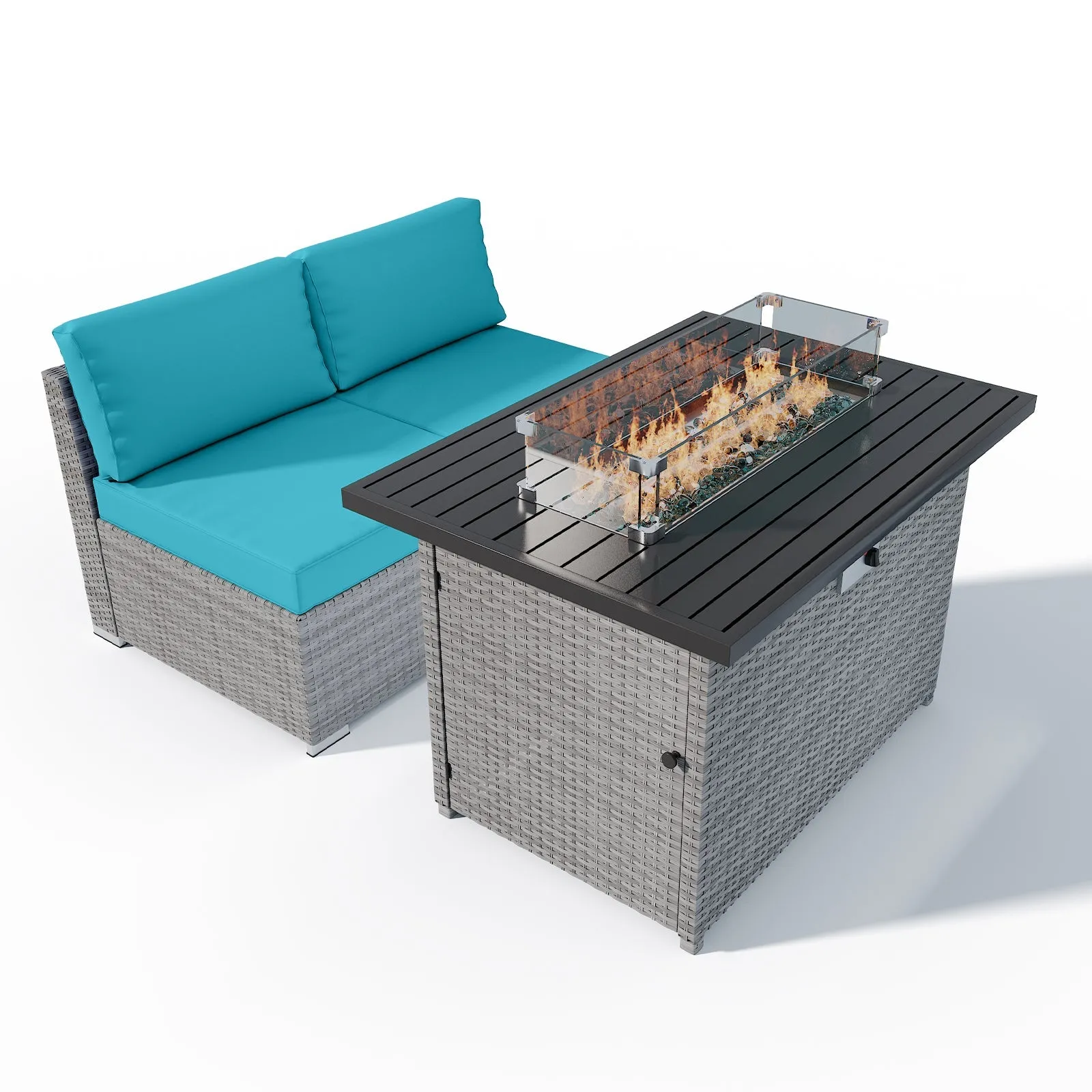 3 Piece Outdoor Armless Wicker Sofa Set with Fire Table, Sectional Wicker Loveseat Sofa
