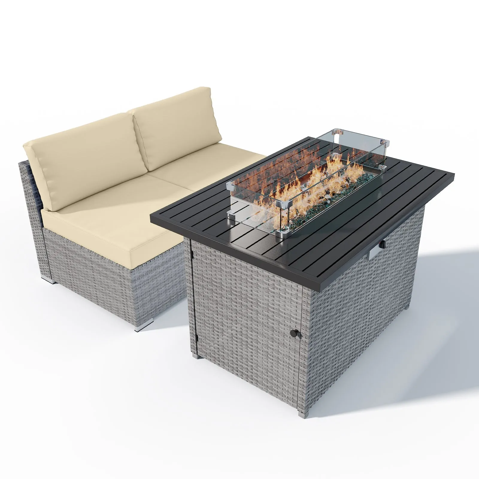 3 Piece Outdoor Armless Wicker Sofa Set with Fire Table, Sectional Wicker Loveseat Sofa