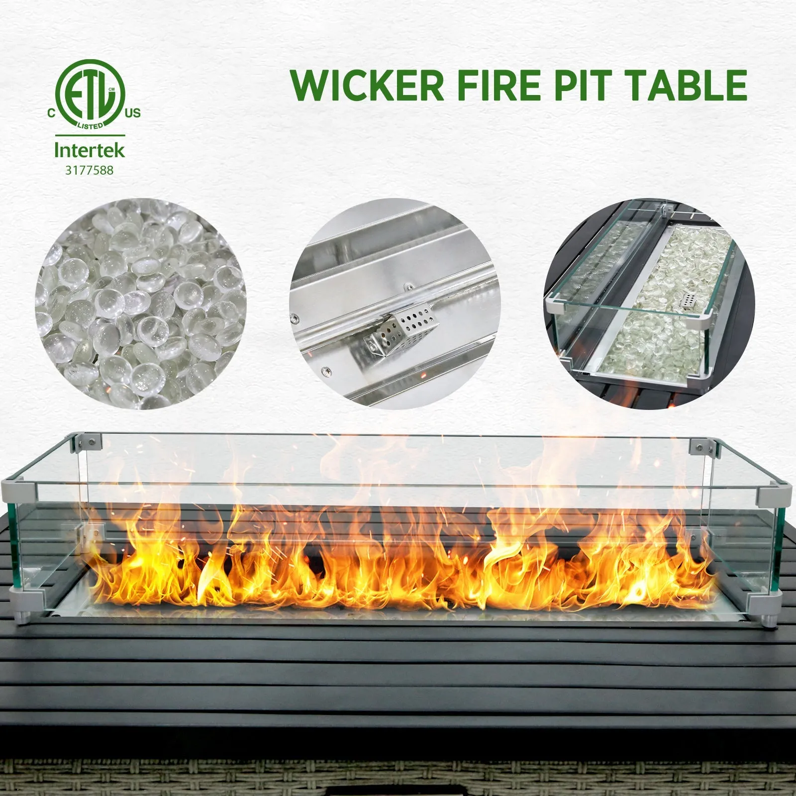 3 Piece Outdoor Armless Wicker Sofa Set with Fire Table, Sectional Wicker Loveseat Sofa