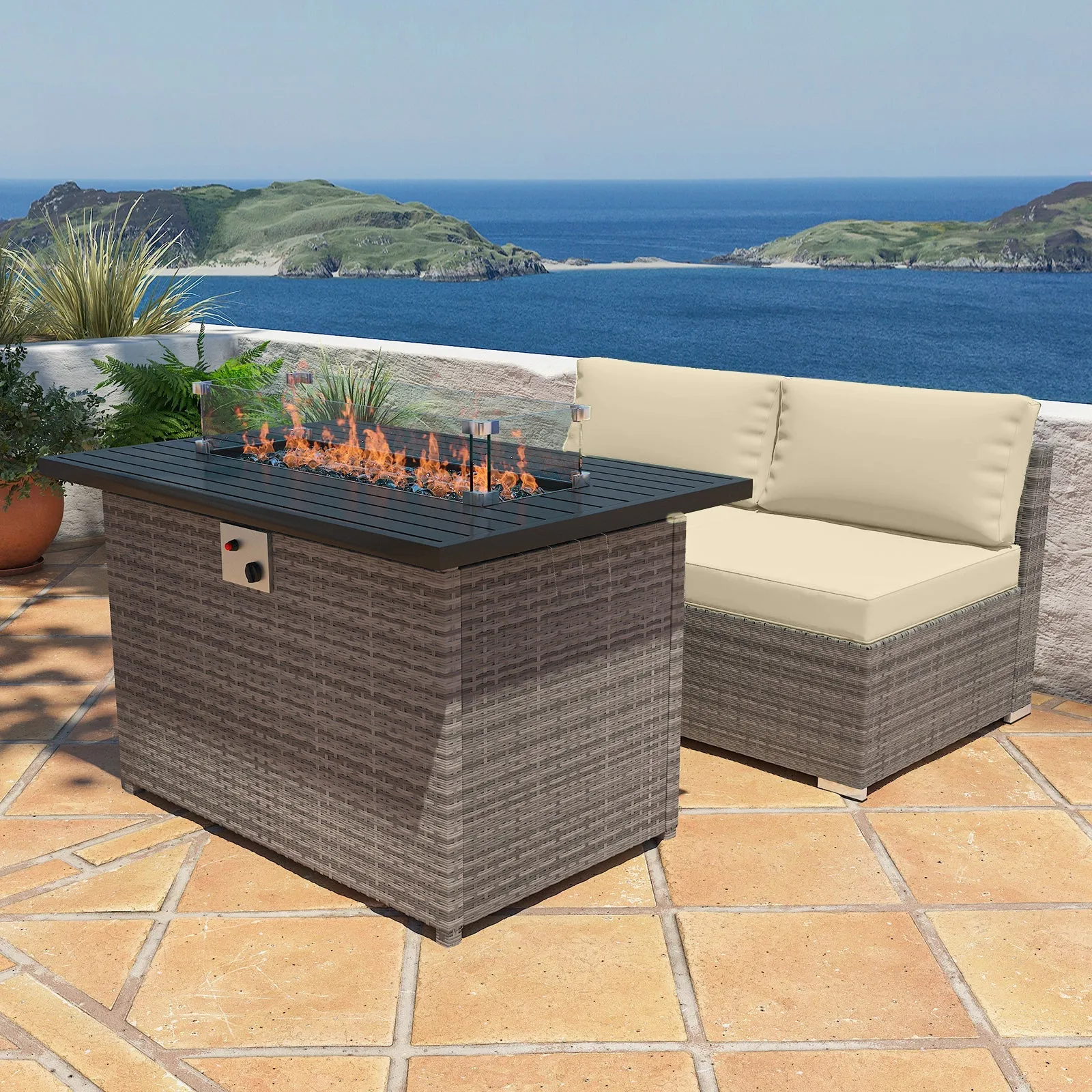 3 Piece Outdoor Armless Wicker Sofa Set with Fire Table, Sectional Wicker Loveseat Sofa