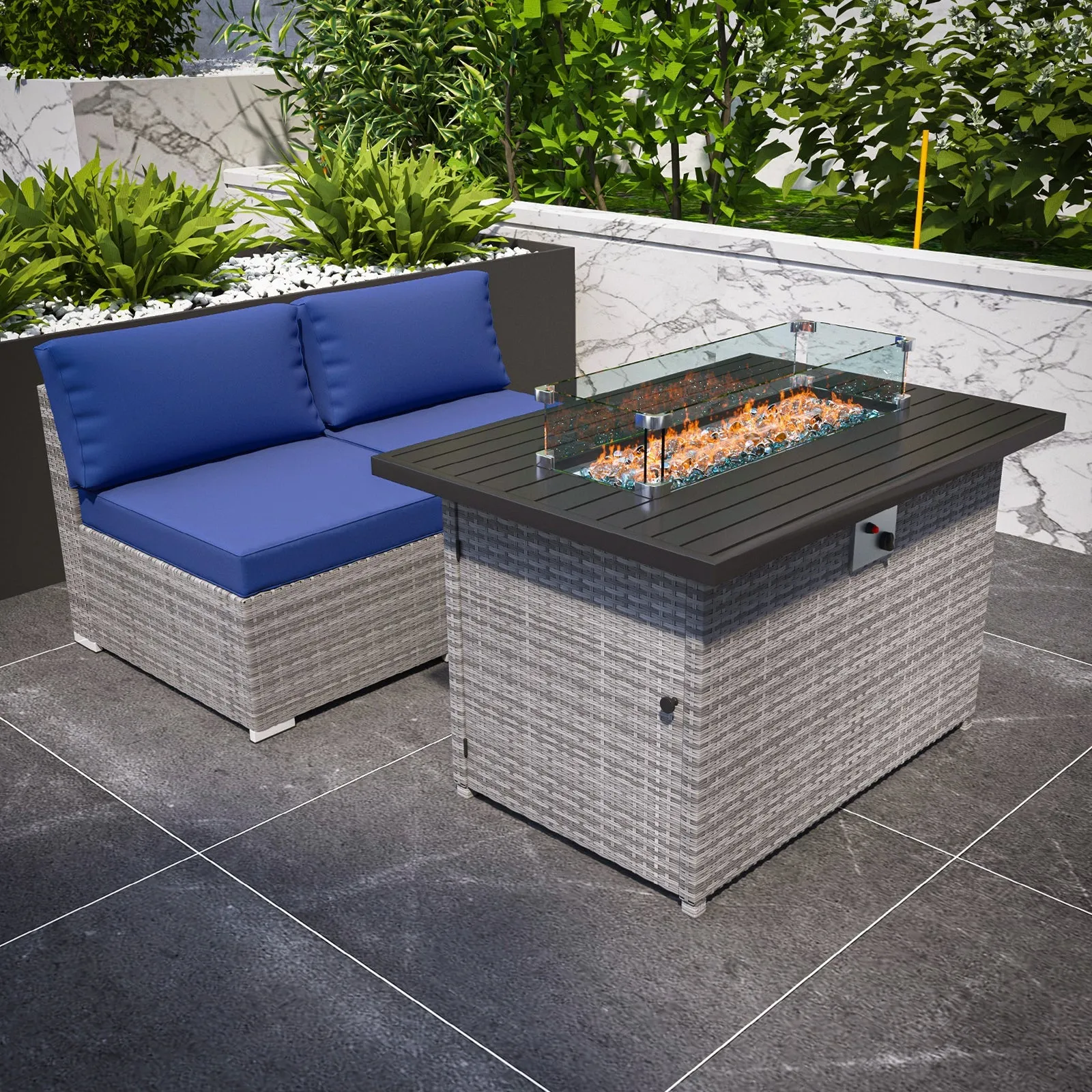 3 Piece Outdoor Armless Wicker Sofa Set with Fire Table, Sectional Wicker Loveseat Sofa