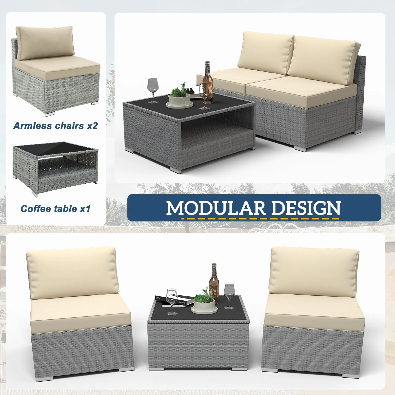 3 Piece Outdoor Patio Armless Chairs with Coffee Table, Sectional Wicker Loveseat Sofa