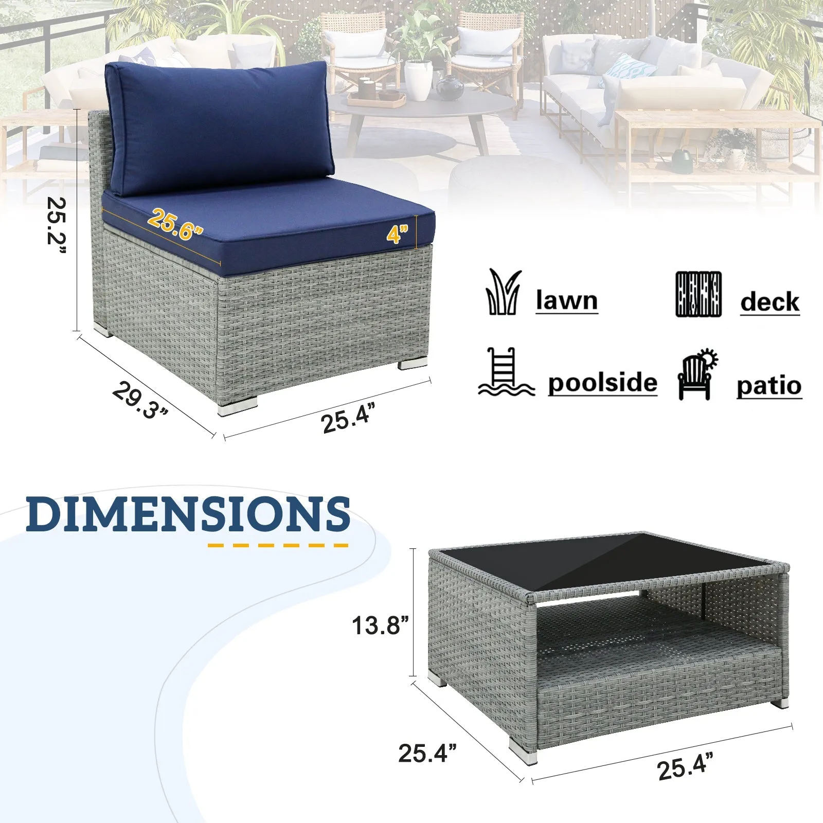 3 Piece Outdoor Patio Armless Chairs with Coffee Table, Sectional Wicker Loveseat Sofa