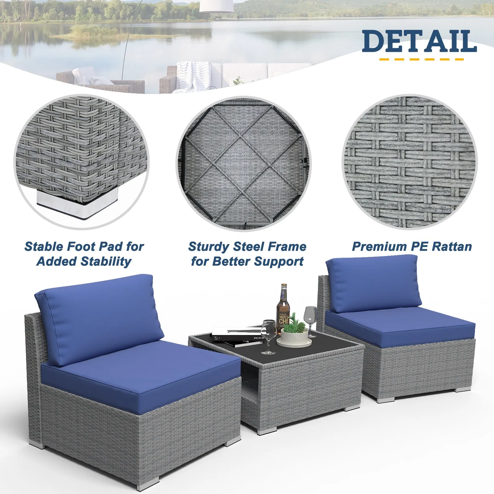 3 Piece Outdoor Patio Armless Chairs with Coffee Table, Sectional Wicker Loveseat Sofa