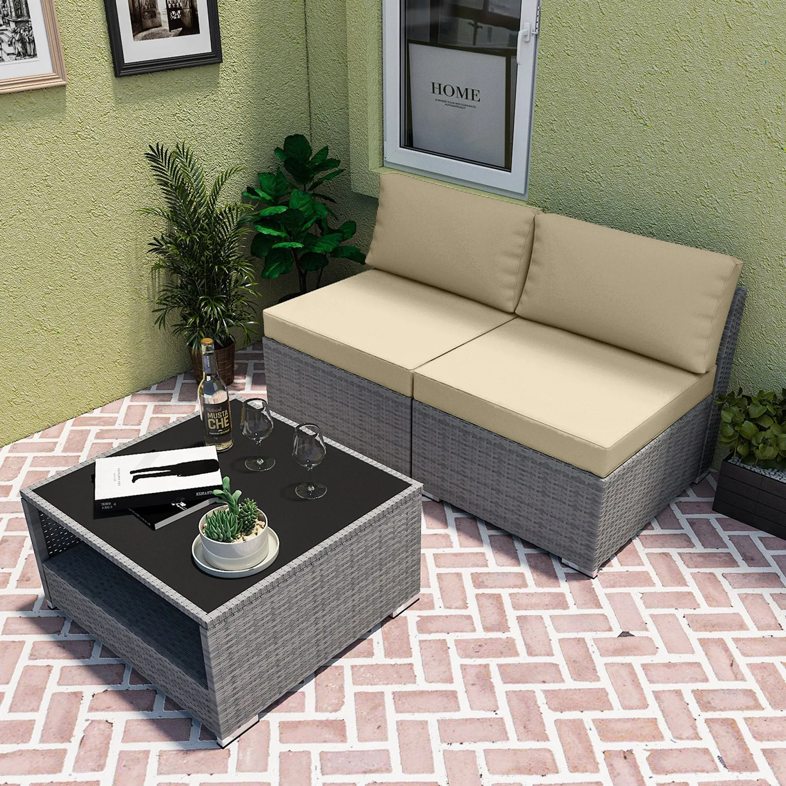 3 Piece Outdoor Patio Armless Chairs with Coffee Table, Sectional Wicker Loveseat Sofa