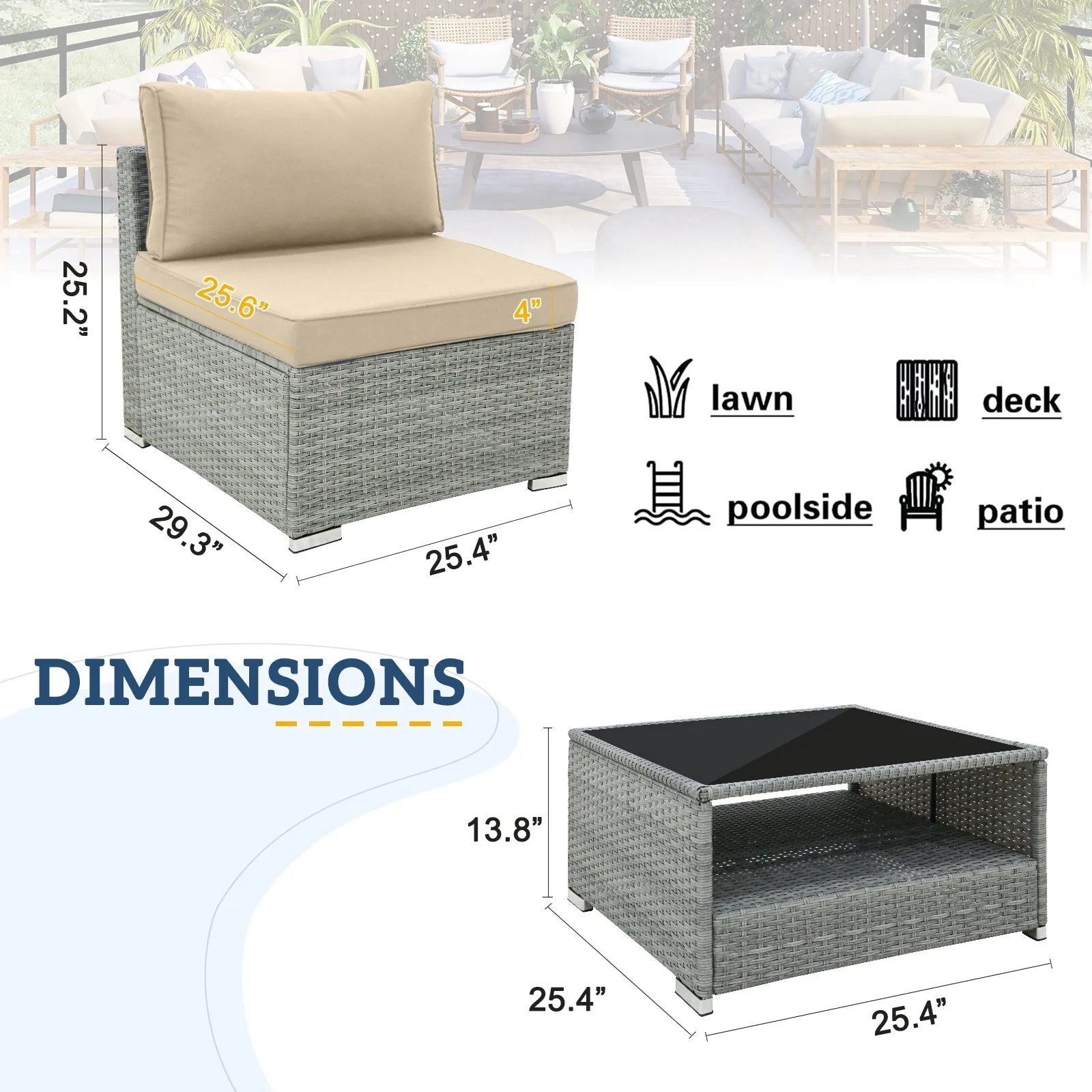 3 Piece Outdoor Patio Armless Chairs with Coffee Table, Sectional Wicker Loveseat Sofa