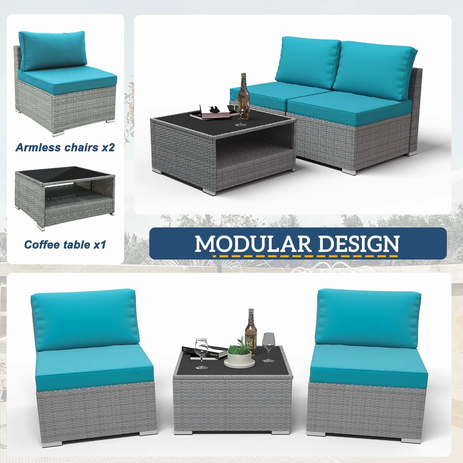 3 Piece Outdoor Patio Armless Chairs with Coffee Table, Sectional Wicker Loveseat Sofa