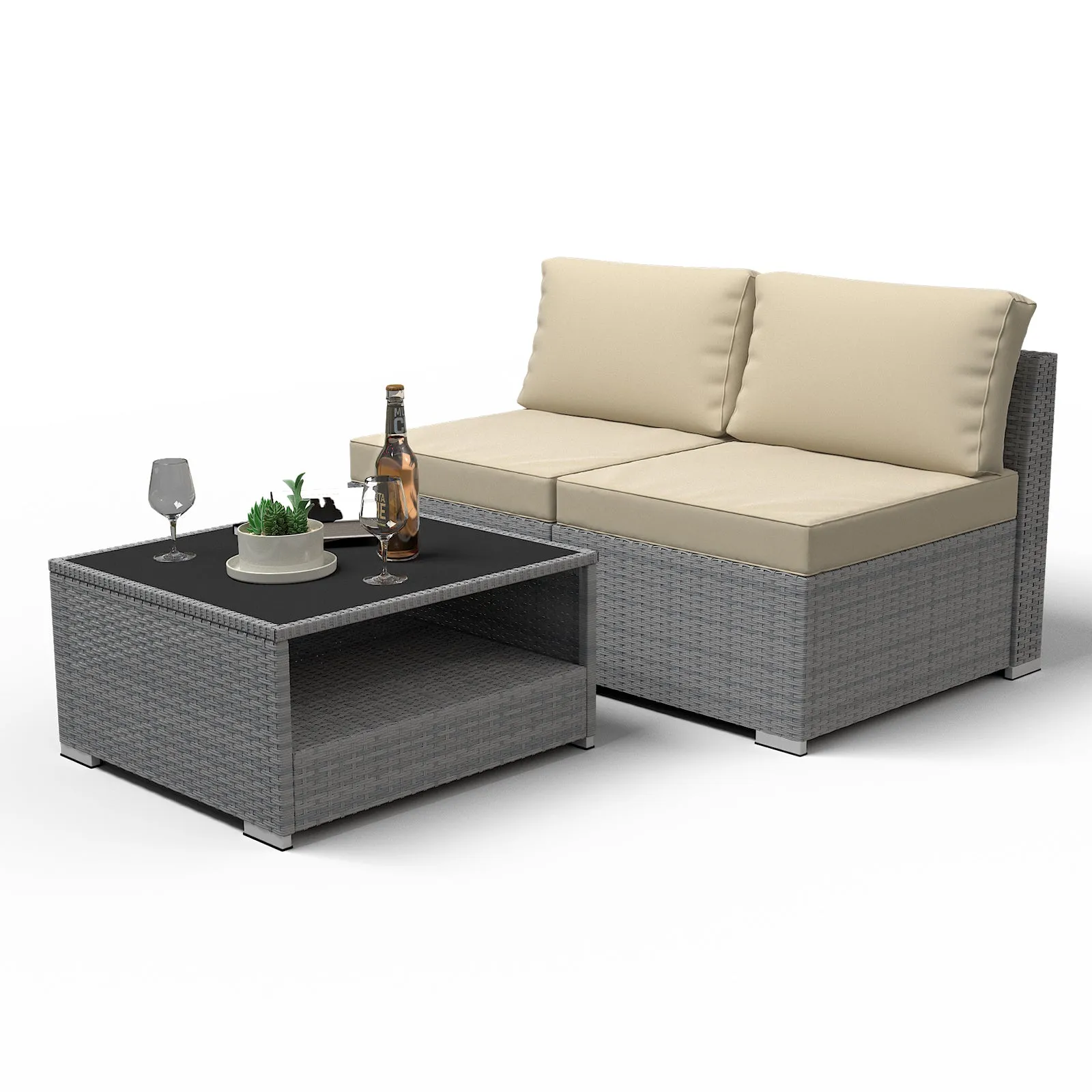 3 Piece Outdoor Patio Armless Chairs with Coffee Table, Sectional Wicker Loveseat Sofa
