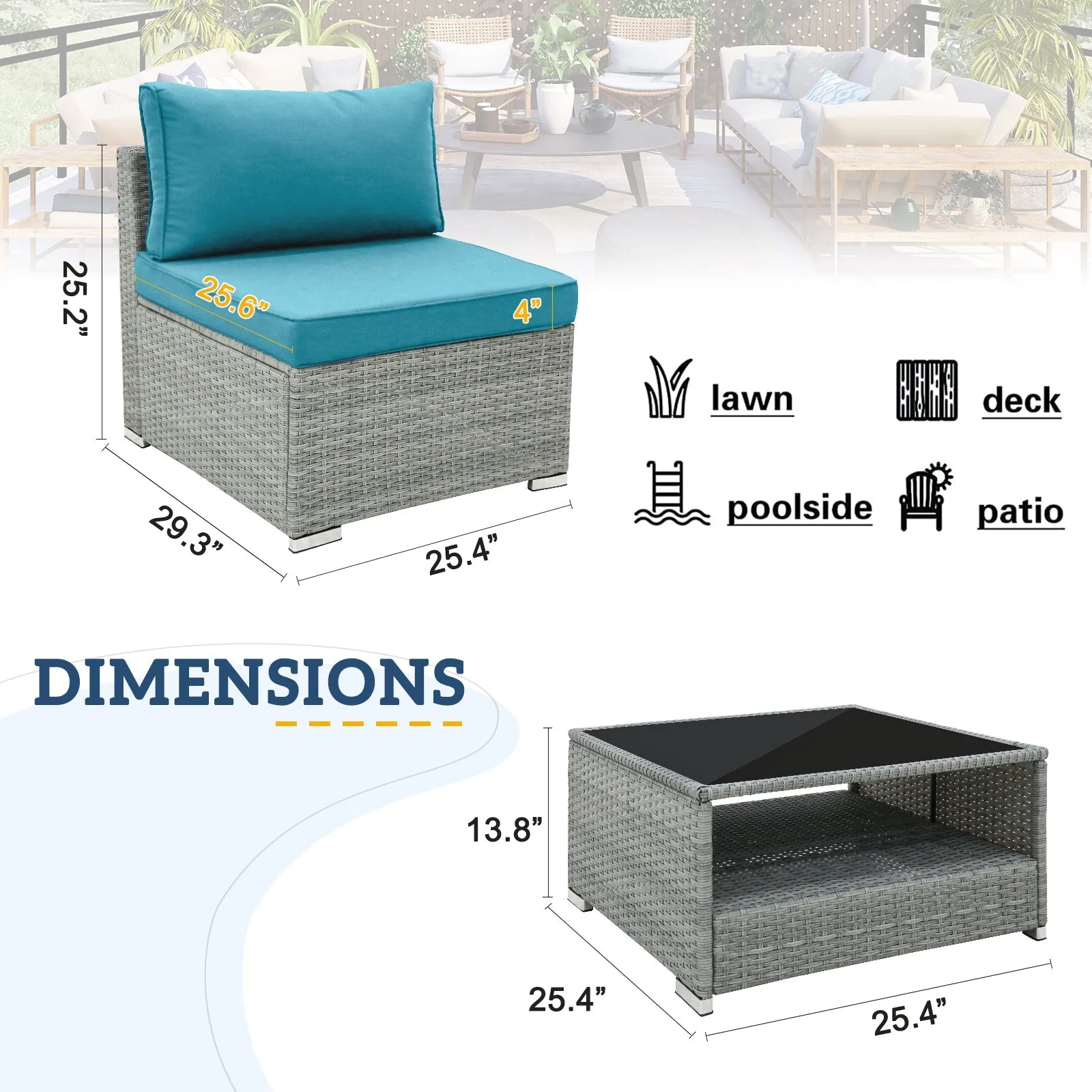 3 Piece Outdoor Patio Armless Chairs with Coffee Table, Sectional Wicker Loveseat Sofa