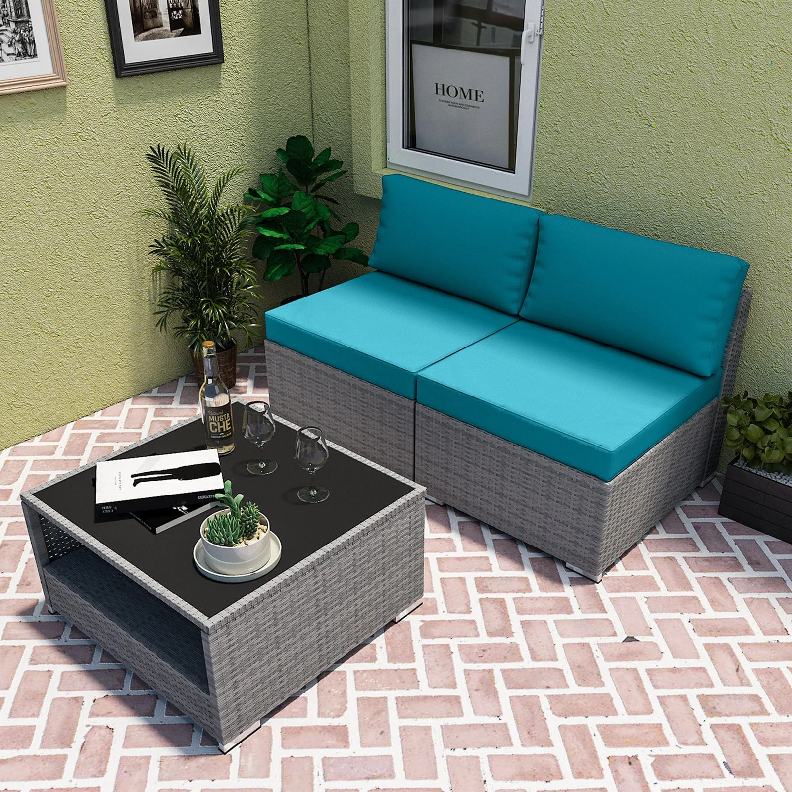 3 Piece Outdoor Patio Armless Chairs with Coffee Table, Sectional Wicker Loveseat Sofa