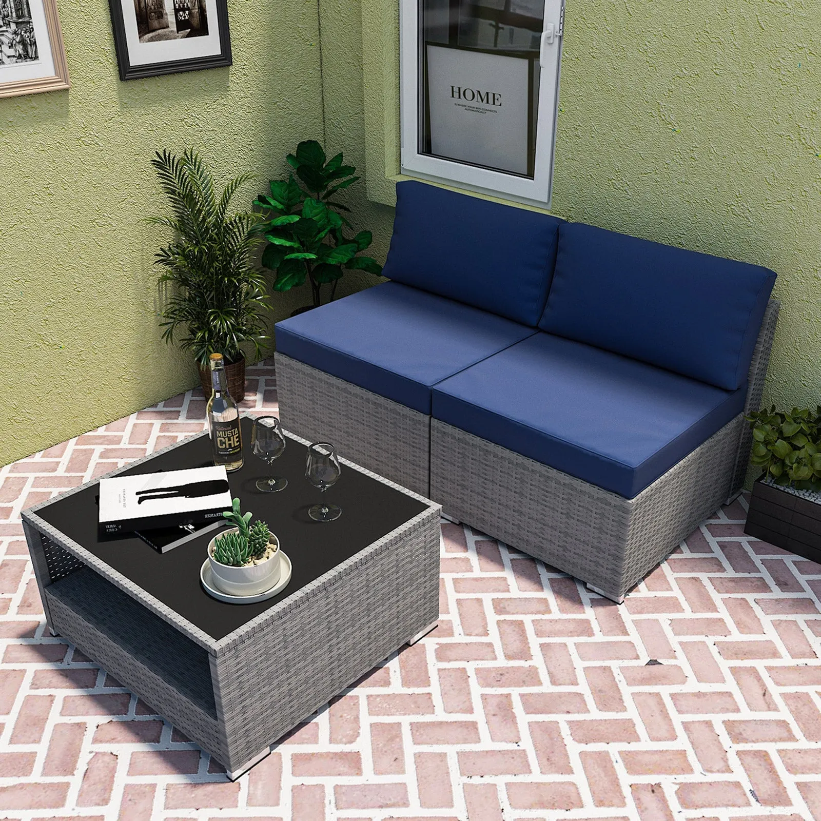 3 Piece Outdoor Patio Armless Chairs with Coffee Table, Sectional Wicker Loveseat Sofa