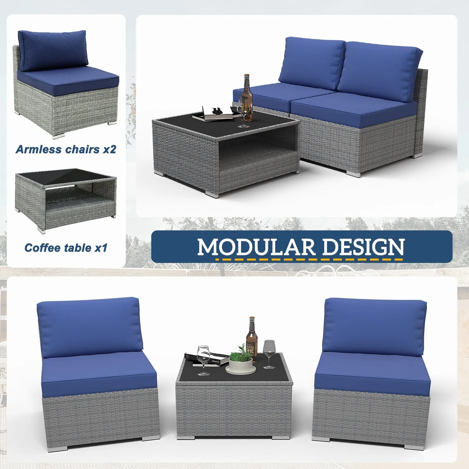 3 Piece Outdoor Patio Armless Chairs with Coffee Table, Sectional Wicker Loveseat Sofa