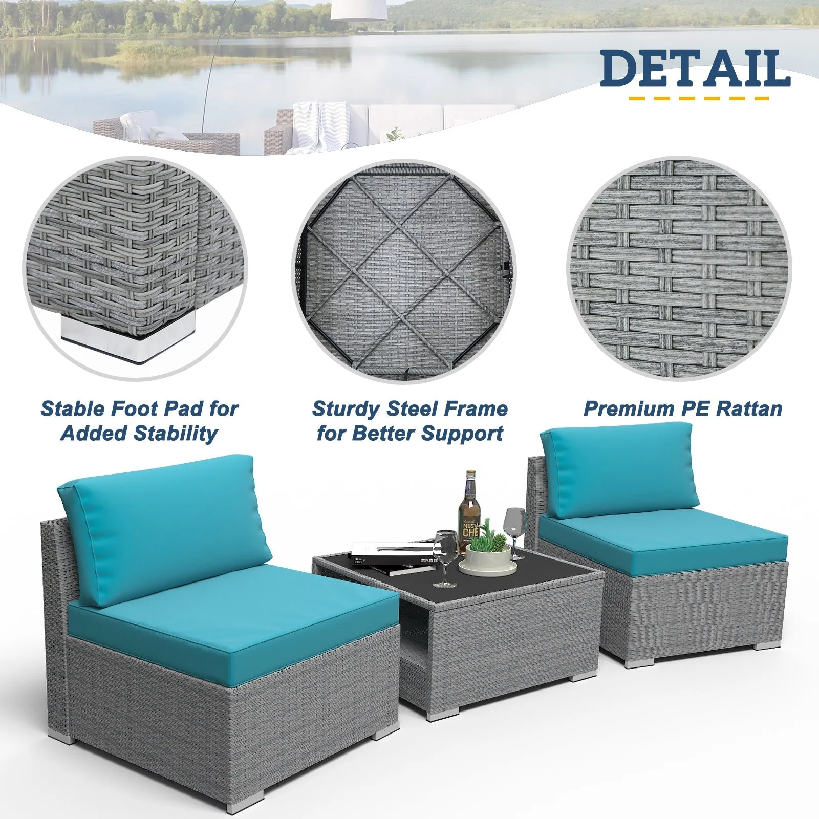 3 Piece Outdoor Patio Armless Chairs with Coffee Table, Sectional Wicker Loveseat Sofa