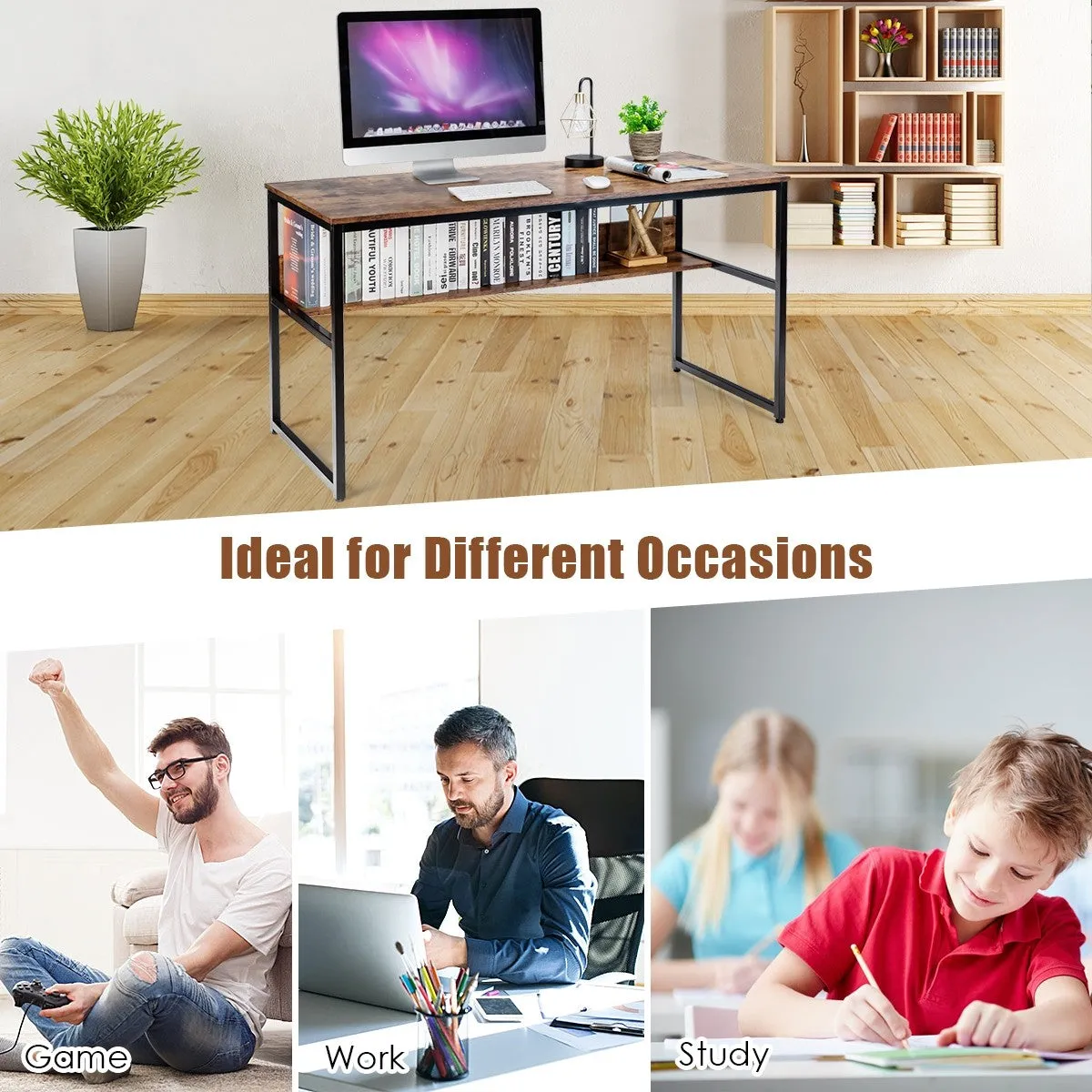 55" Computer Writing Desk with Storage Shelf - Walnut