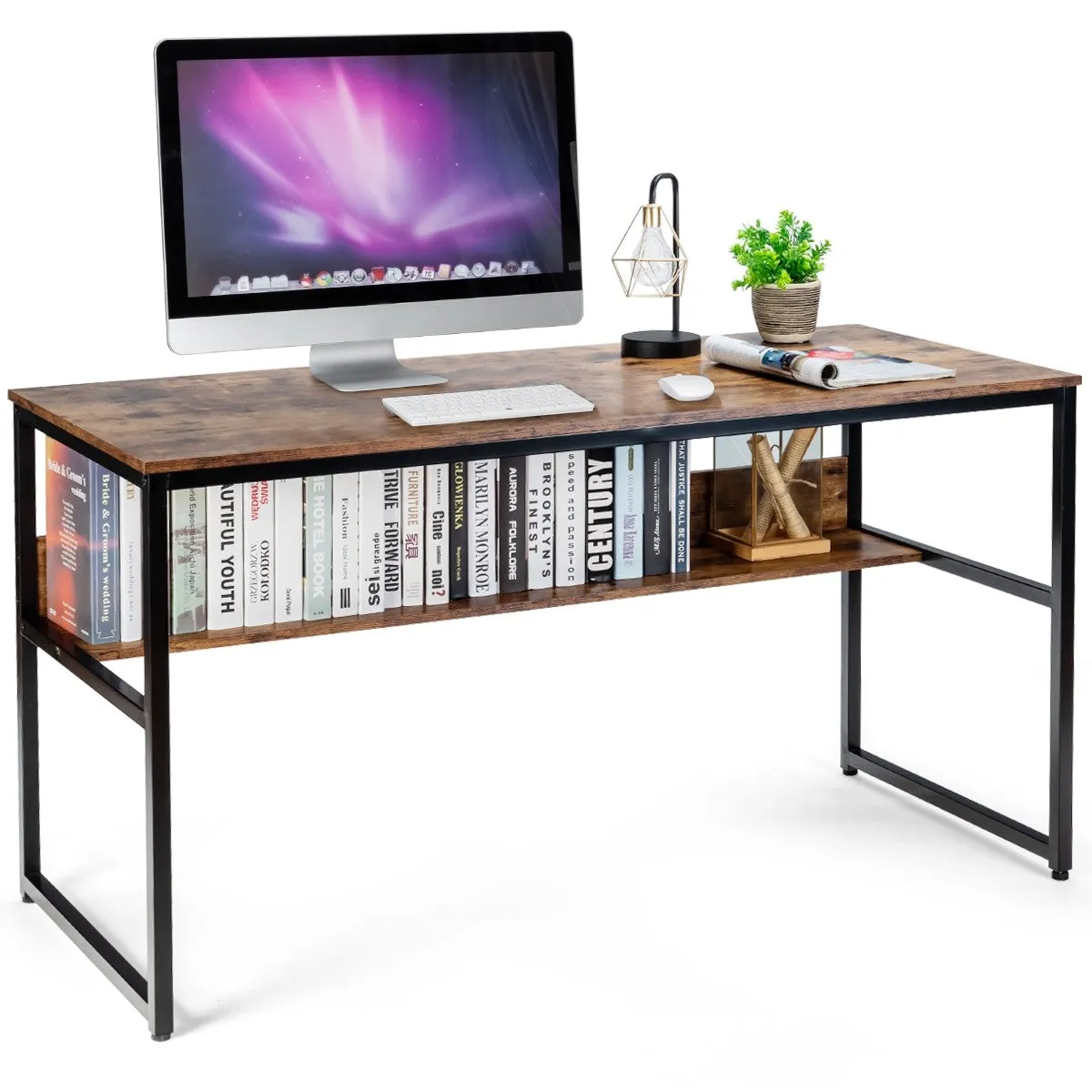55" Computer Writing Desk with Storage Shelf - Walnut