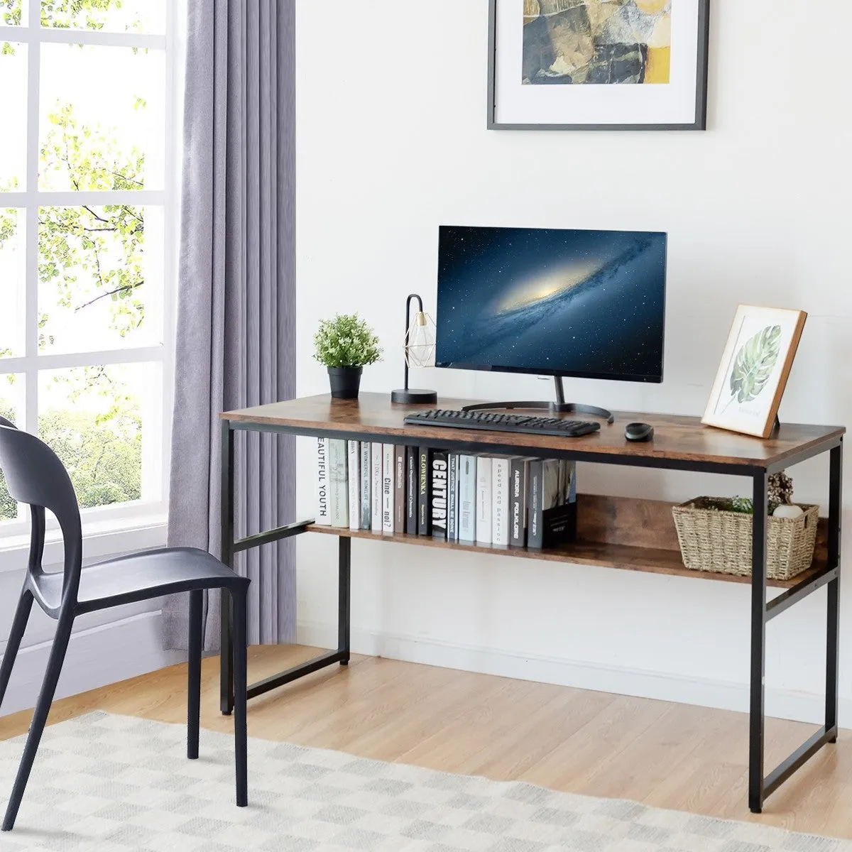 55" Computer Writing Desk with Storage Shelf - Walnut