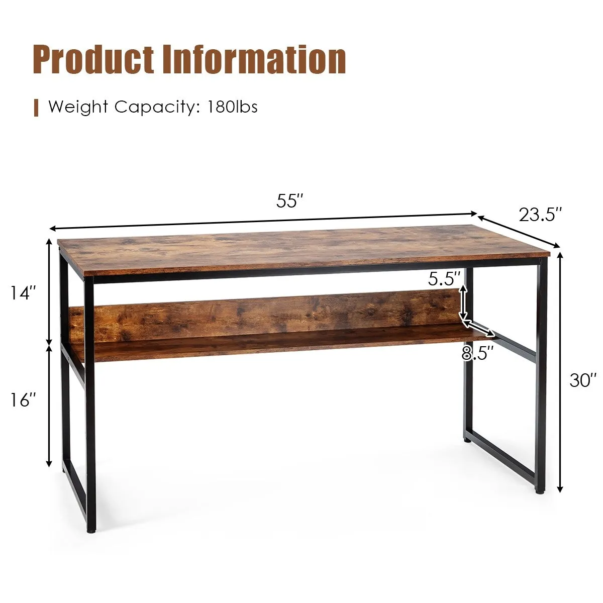 55" Computer Writing Desk with Storage Shelf - Walnut