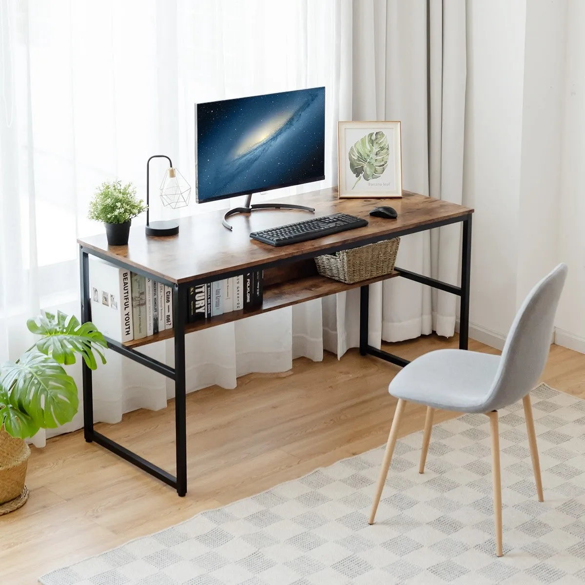55" Computer Writing Desk with Storage Shelf - Walnut