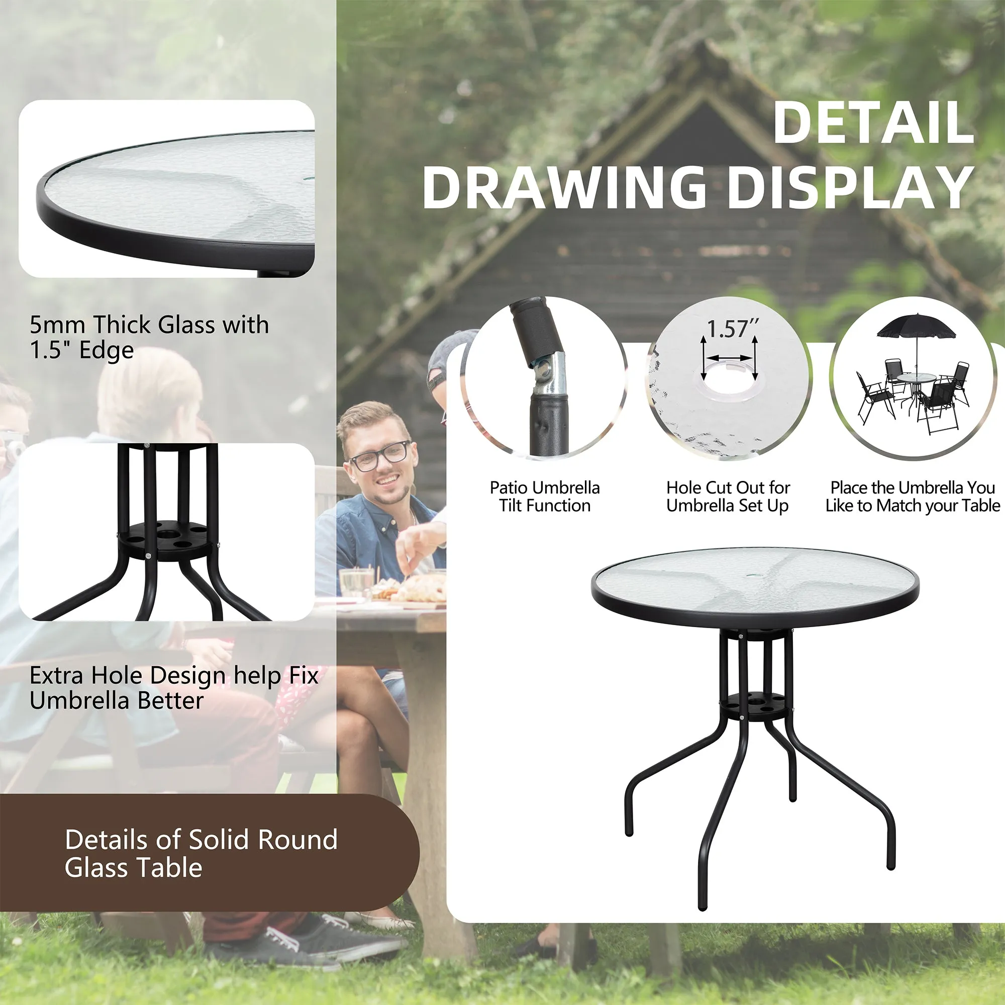 6 Piece Patio Dining Set with Umbrella, Outdoor Garden Set with 4 Folding Chairs and Tempered Glass Top Dining Table Brown