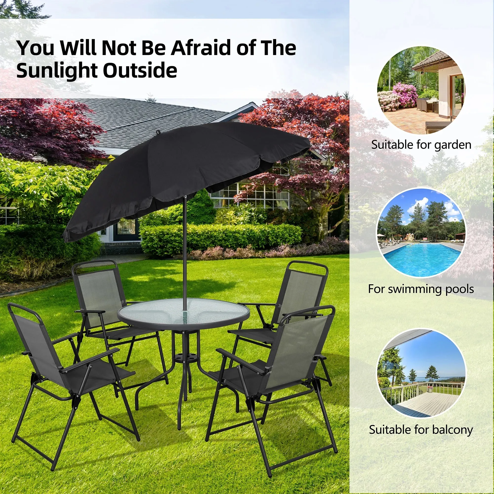 6 Piece Patio Dining Set with Umbrella, Outdoor Garden Set with 4 Folding Chairs and Tempered Glass Top Dining Table Brown