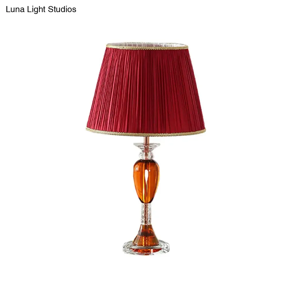 Aldib - Modernist Red Urn Base Night Table Lighting Modernist 1-Head Clear Crystal Reading Lamp with Cone Fabric Shade