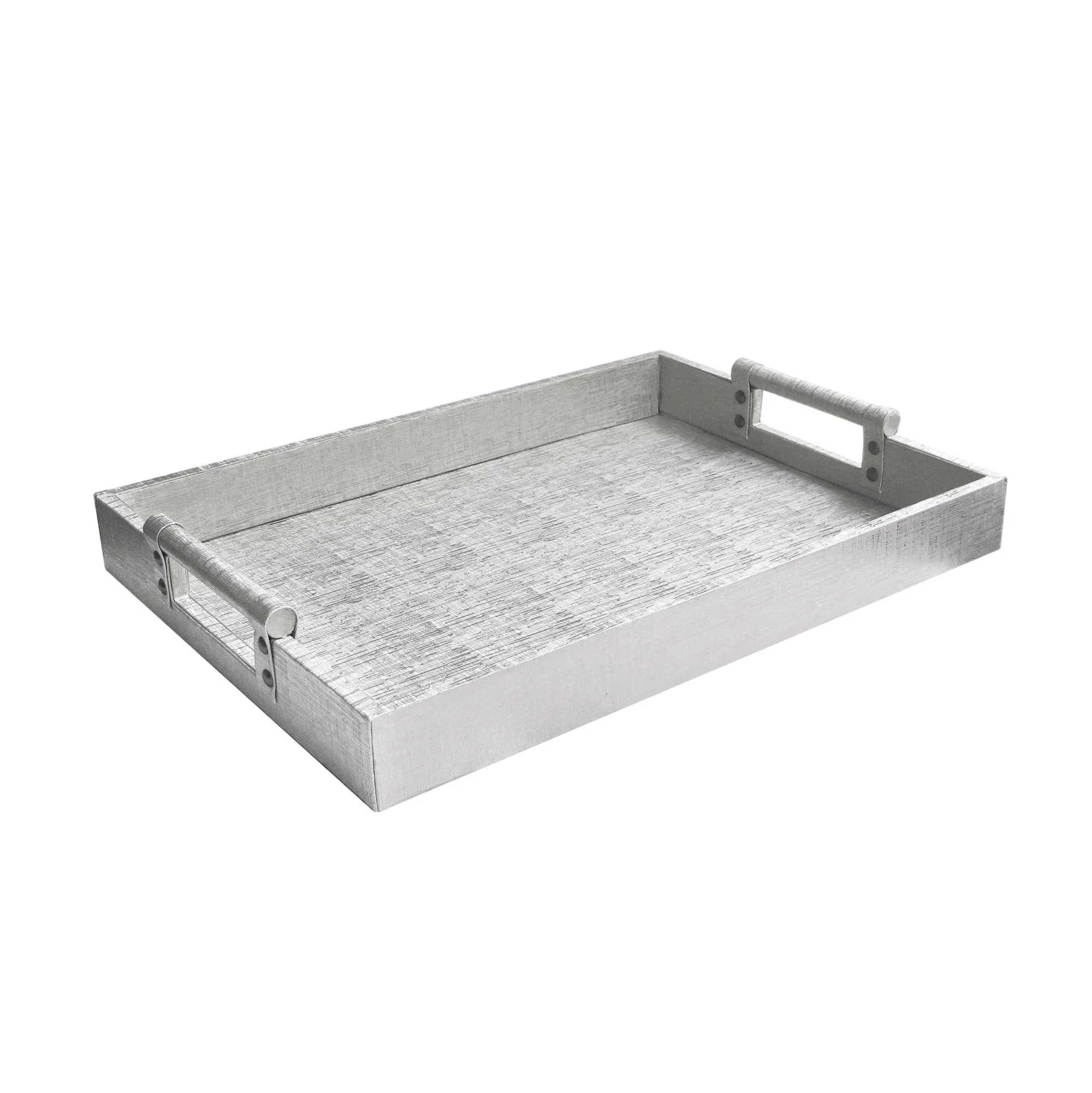 American Atelier Leather Rectangle Serving Tray with Handles-Silver Large