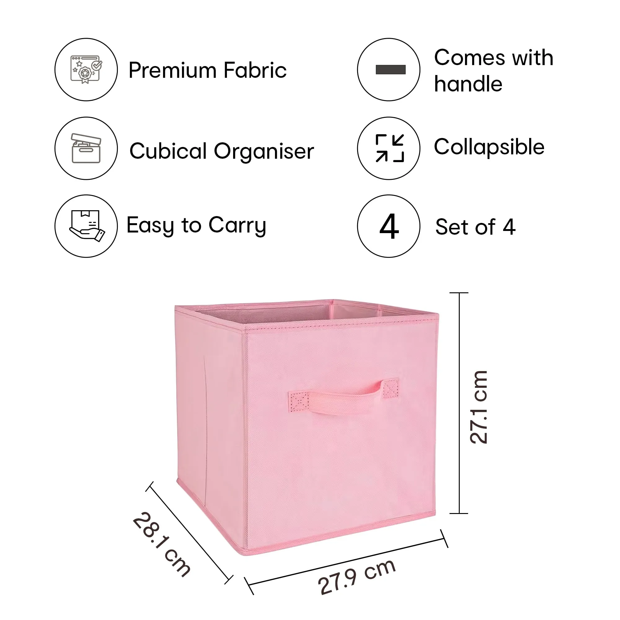 Anko Premium Foldable Storage Box for Clothes, Books, Toys | Set of 4 | Sturdy, Durable Fabric | Collapsible Organizer for Home, Office, Bedroom | Pink | 11 inches