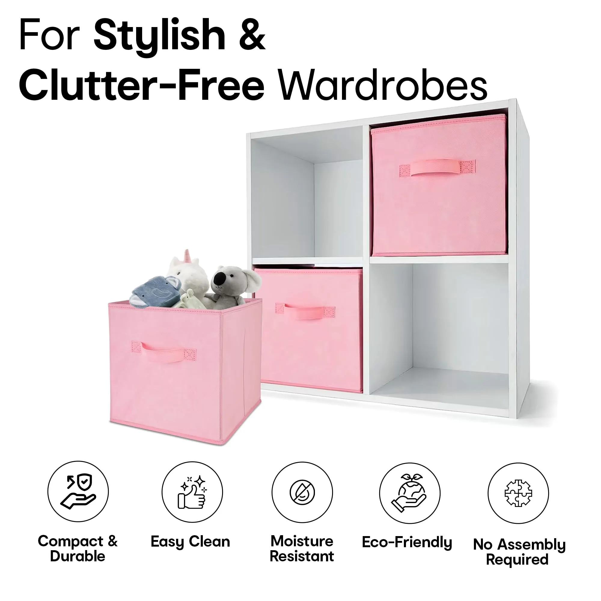 Anko Premium Foldable Storage Box for Clothes, Books, Toys | Set of 4 | Sturdy, Durable Fabric | Collapsible Organizer for Home, Office, Bedroom | Pink | 11 inches