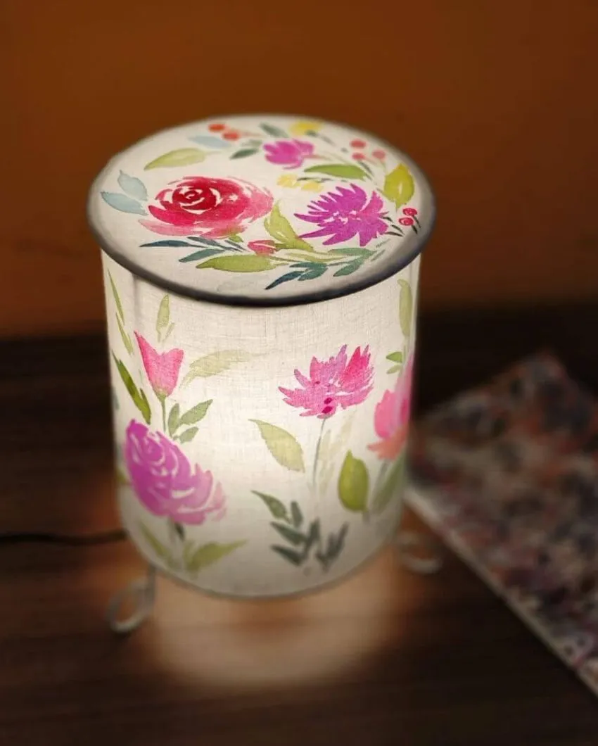 Beautiful Roses Floral Shaded With Lid Cylinder Table Lamp