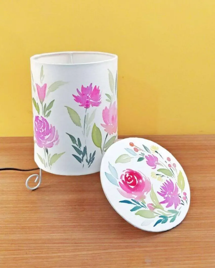 Beautiful Roses Floral Shaded With Lid Cylinder Table Lamp