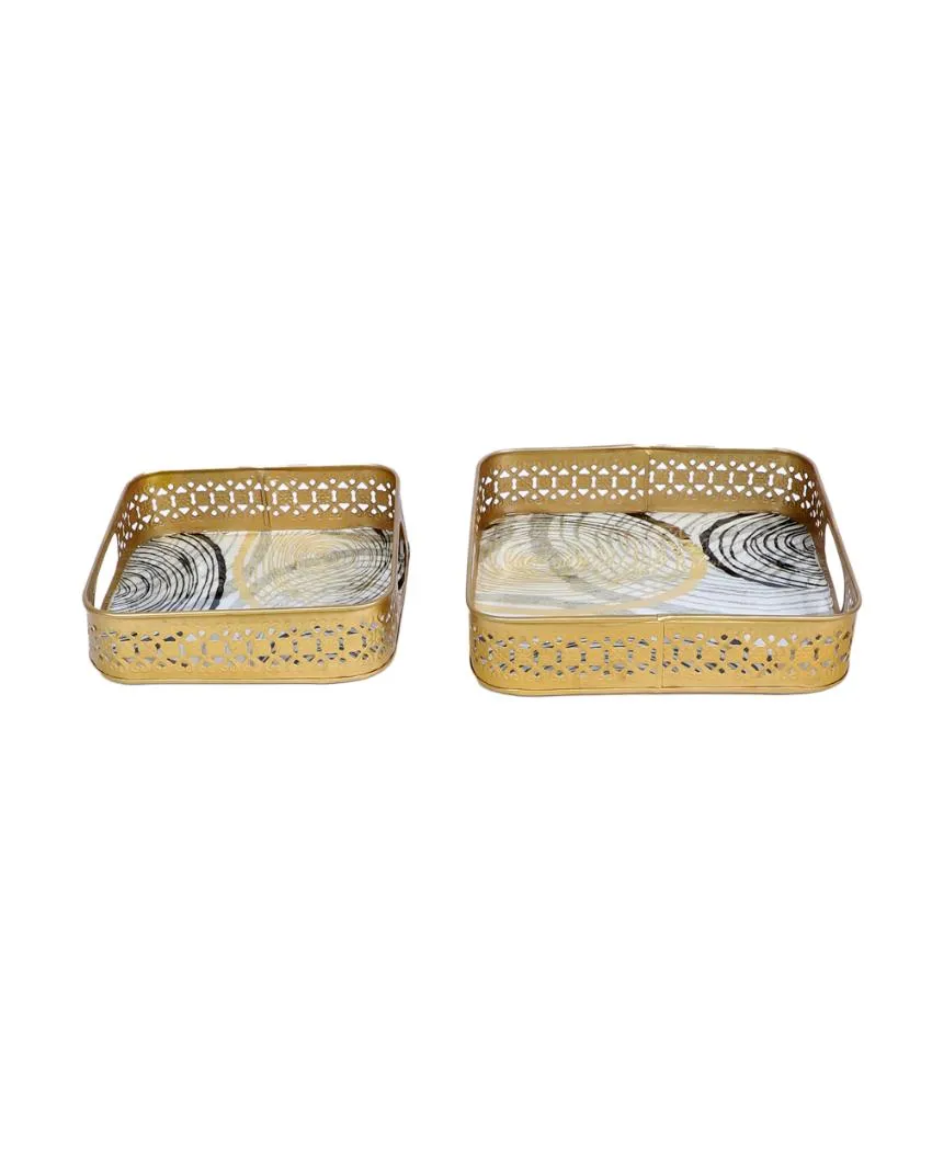 Black & Gold Ring Deisgn Metal Tray | Set of 2